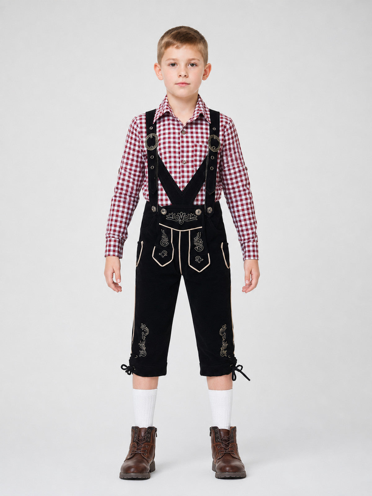 Costume with Suspenders and a Plaid Shirt front view