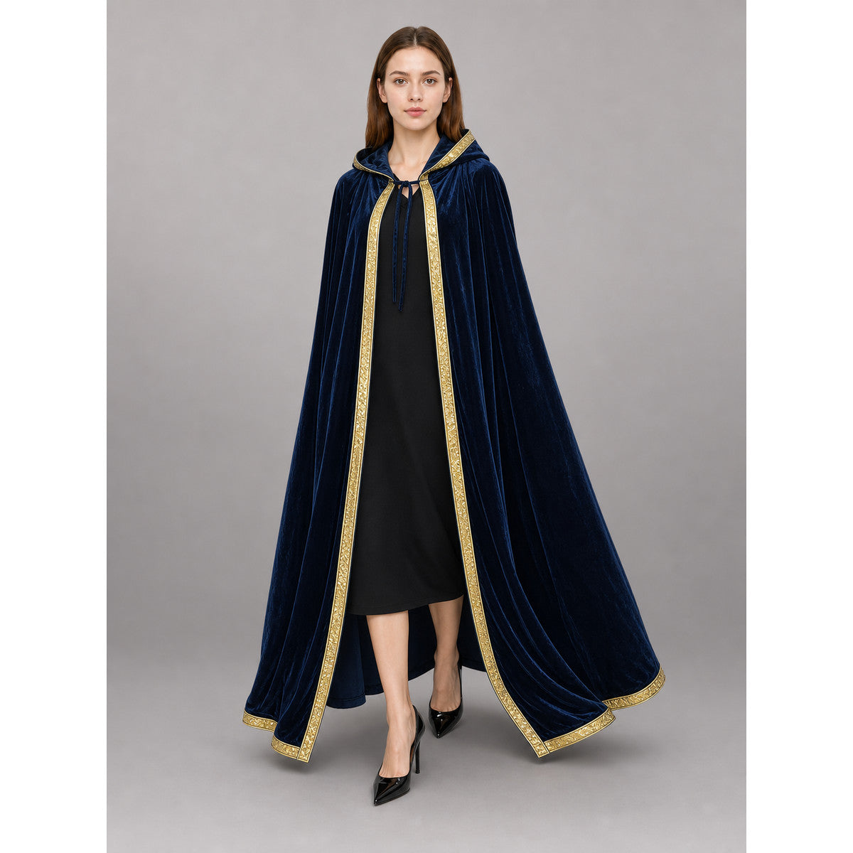 Dark Blue Hooded Costume Cloak front view