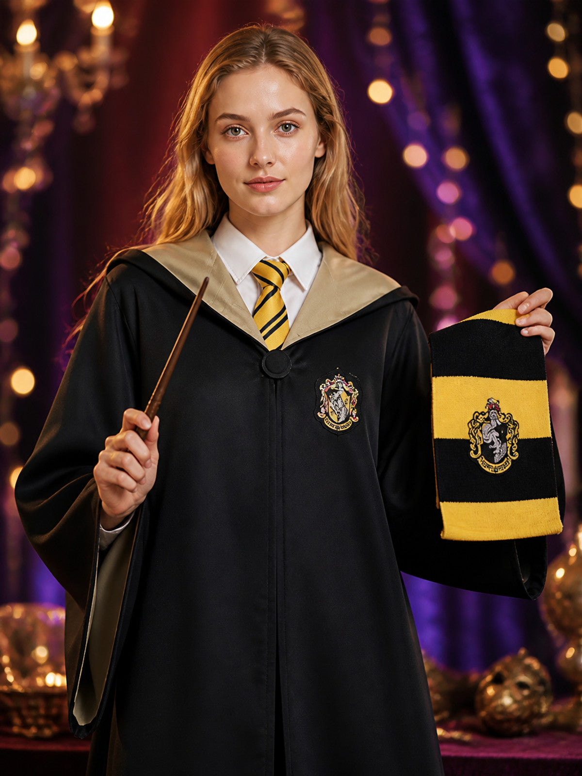 Hufflepuff Wizard Robe Costume Set with Hooded Cloak, Tie, Scarf and Halloween on-model view
