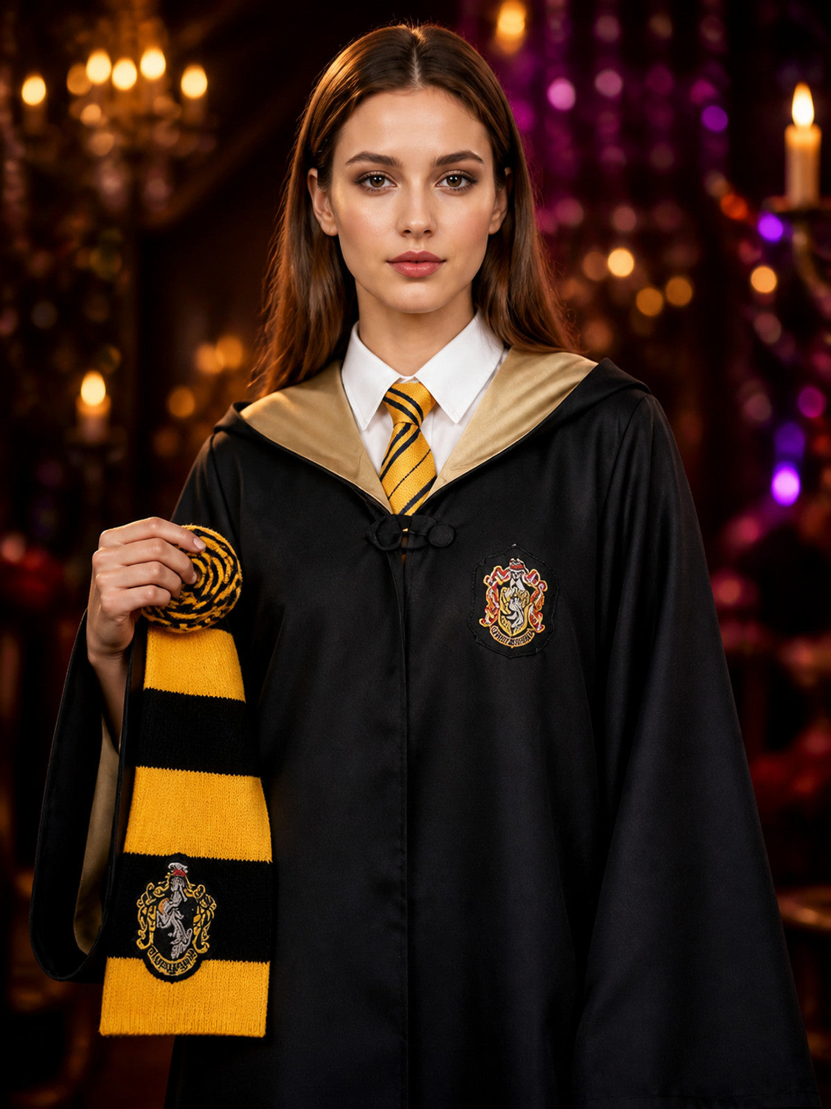 Wizard Cosplay Costume Set - Yellow and Black Hooded Robe, Tie & Scarf on-model view