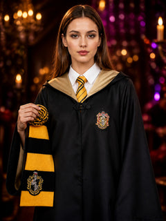 Wizard Cosplay Costume Set - Yellow and Black Hooded Robe, Tie & Scarf