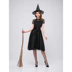 Women's Black Witch Costume – Midi Dress with Sheer Mesh Sleeves, Belt & Witch Hat