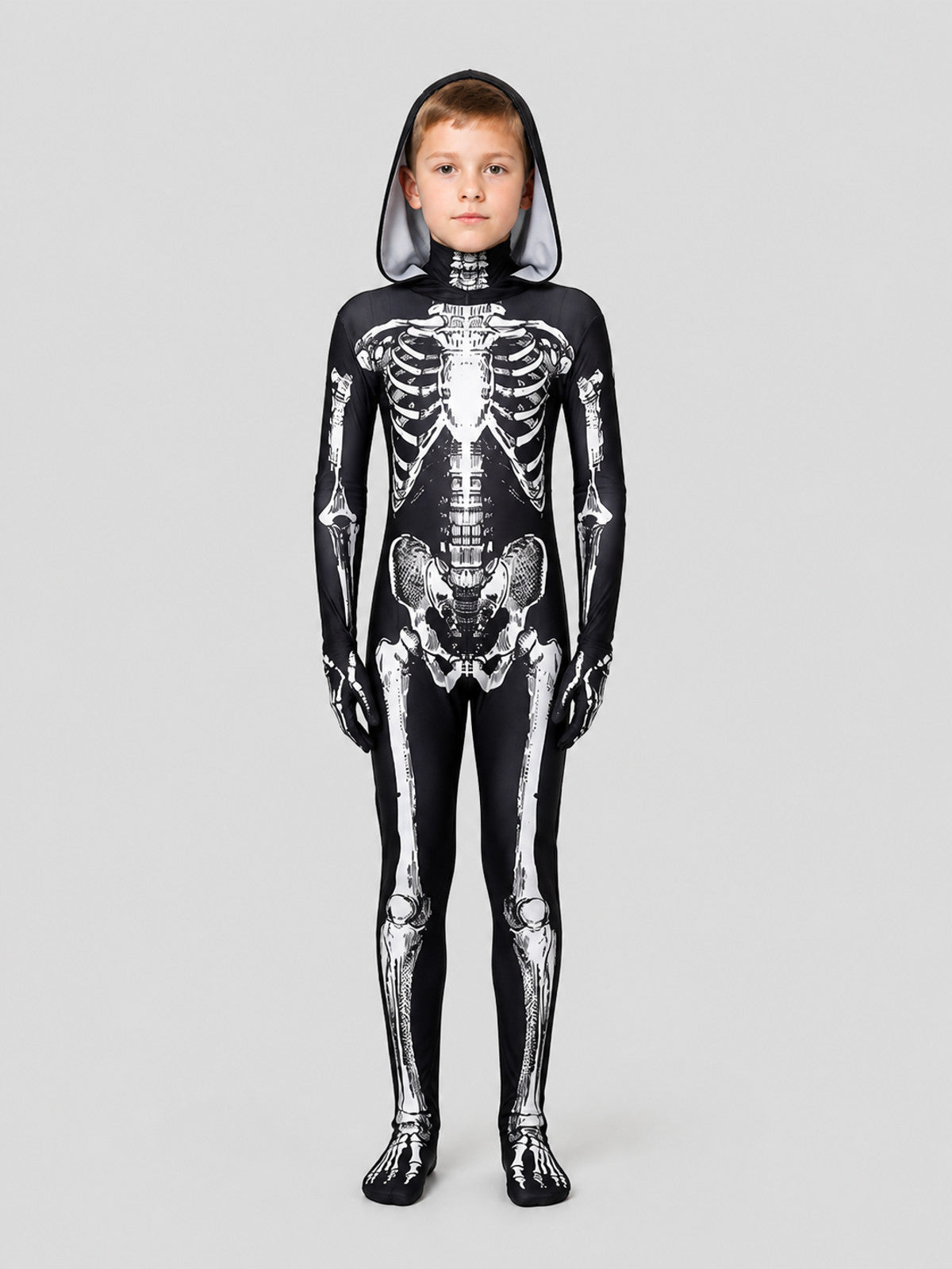 Skeleton Cosplay Jumpsuit with Hood, Black and White on-model view