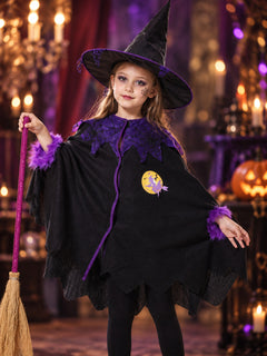 Kids' Witch Costume: Cape, Hat, Purple Trim