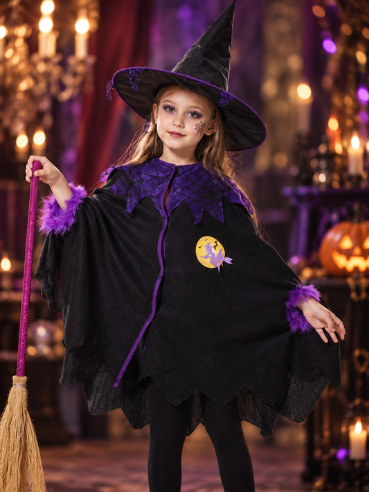 Kids' Witch Costume: Cape, Hat, Purple Trim