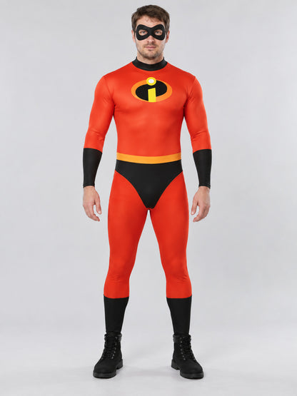 Red superhero costume with black inserts and a mask