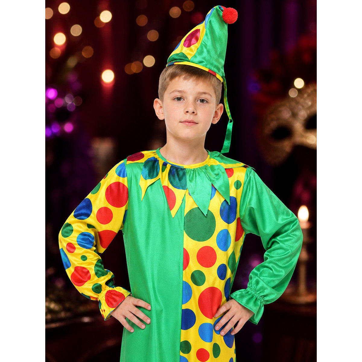 Kids' Clown Bodysuit Costume Set with Pointed Hat, Multicolor Polka Dot Design on-model view