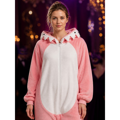 Pink And White Animal Hooded Zipper Jumpsuit Costume on-model view