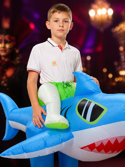 Adult Shark Inflatable Costume, Funny Blue Shark Jumpsuit with Fins and Teeth on-model view