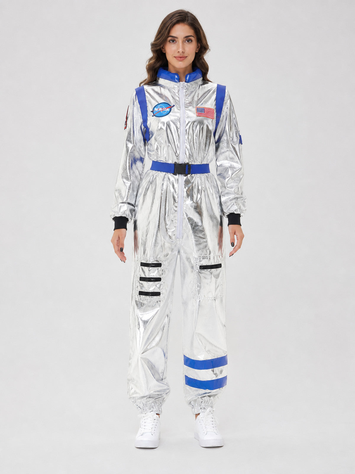 Silver NASA-Style Astronaut Jumpsuit Costume front view