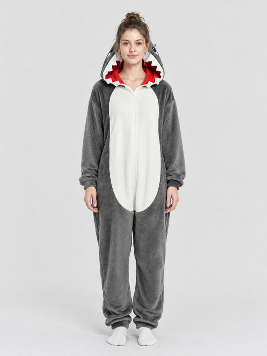 Gray Flannel Pajama Jumpsuit with Shark Hood