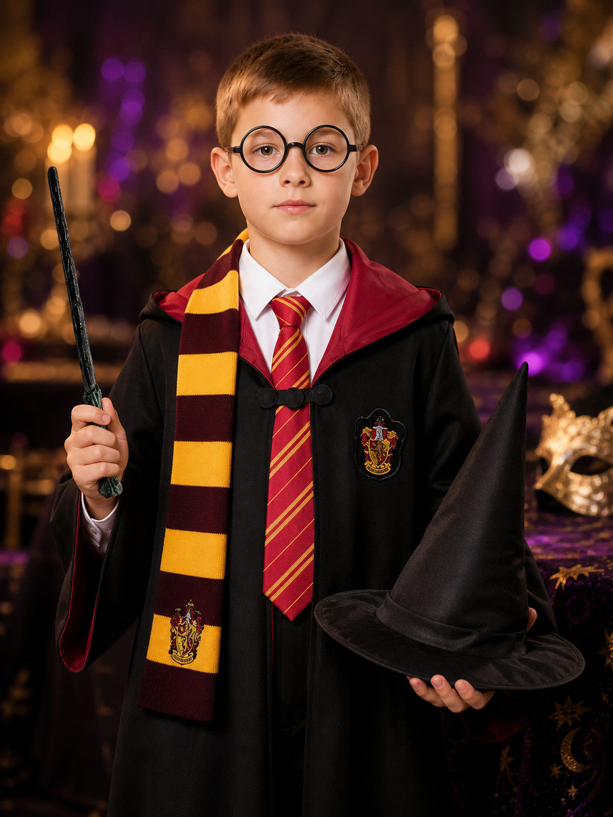 Wizard Magic School Costume Set with Cape, Hat, Scarf, Tie, Glasses, Wand & on-model view