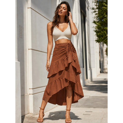 Long Brown Skirt with a High Waist and Tiered Ruffles