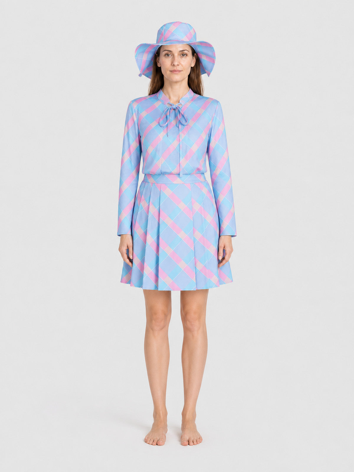 Barbie Cosplay Costume: Checkered Set with Hat on-model view