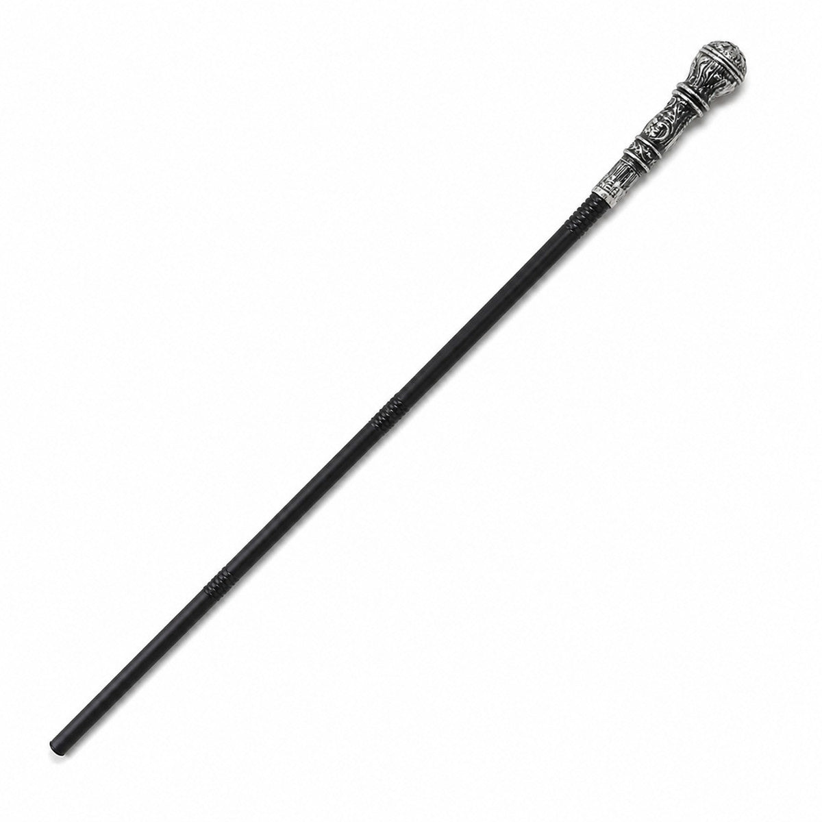Slim black cane with an ornate antique silver handle and rounded decorative top, shown diagonally on a white background