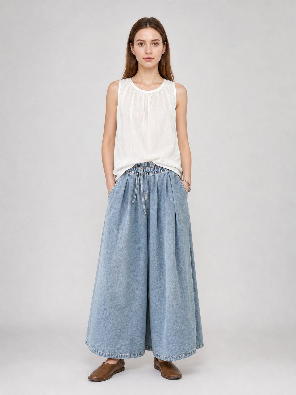 Light Blue Palazzo Pants with an Elastic Waist