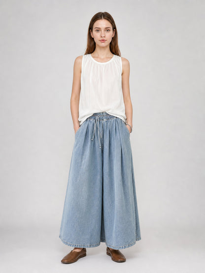 Light Blue Palazzo Pants with an Elastic Waist