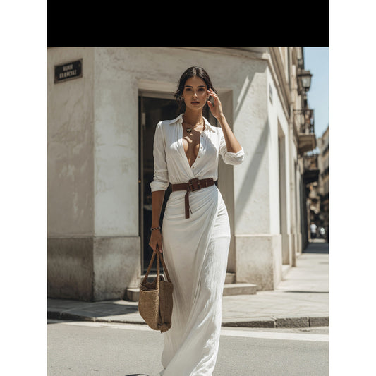 Women’s White Shirt Dress with Belt and Long Skirt
