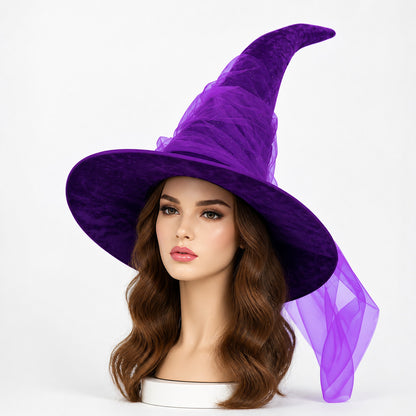 1pc Purple Halloween Witch Hat Wide Brim Crooked Pointed Crown With Sheer Mesh Veil Glitter Detail Costume Accessory