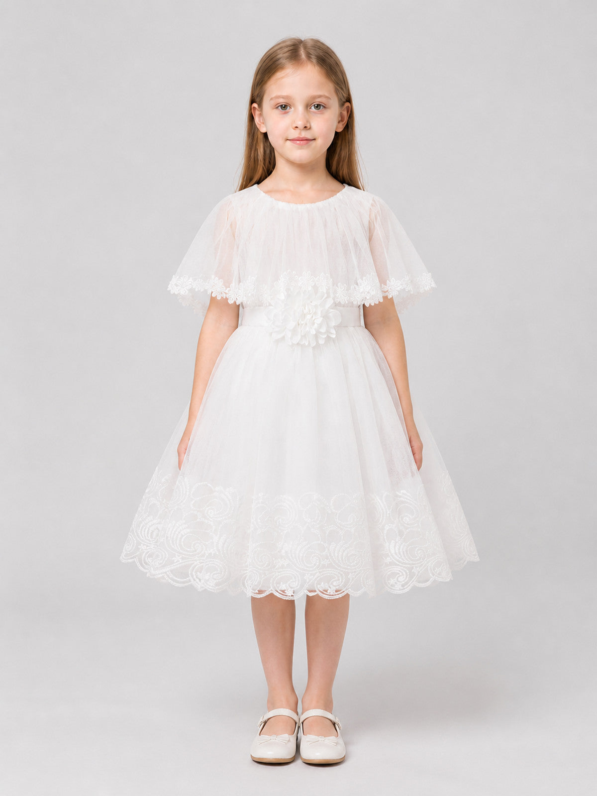 Girls' White Dressy Dress with Lace and Tulle on-model view