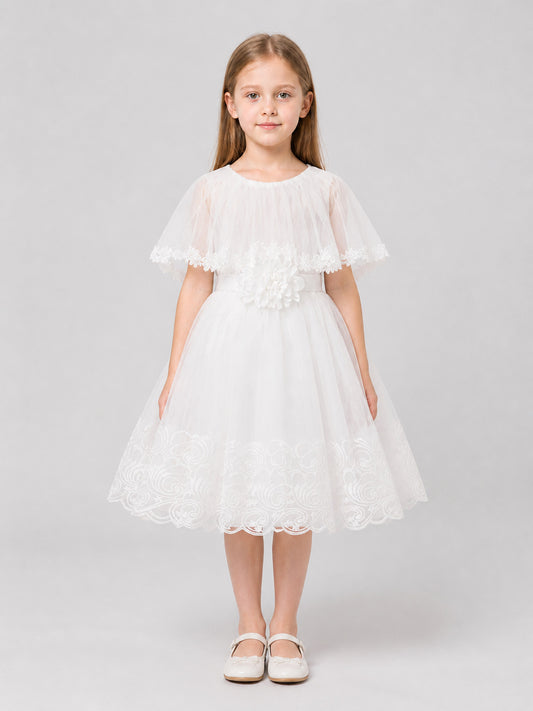 Girls' White Dressy Dress with Lace and Tulle on-model view