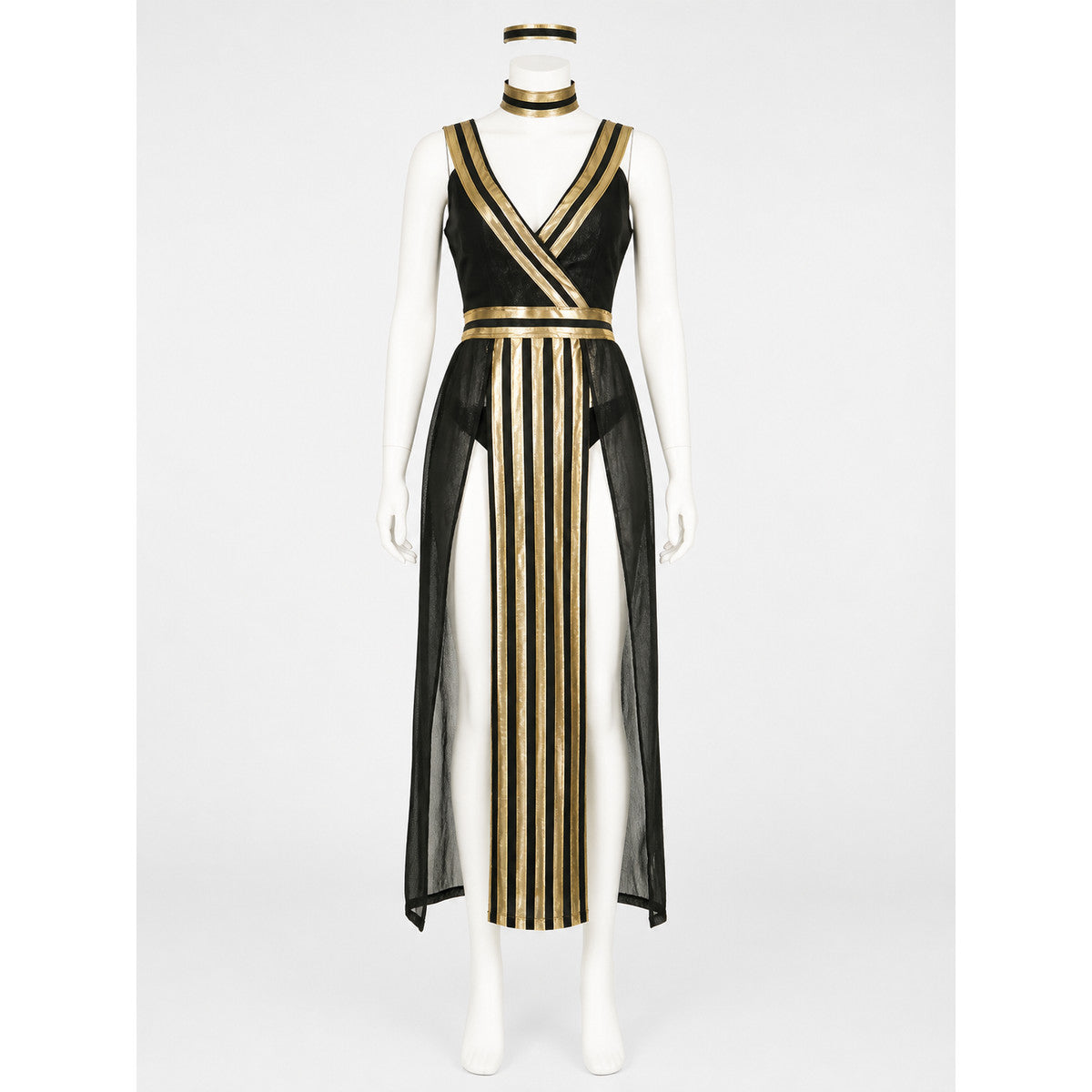 Egyptian Queen Black and Gold Halloween Dress Costume Set with Headpiece, Collar on-model view