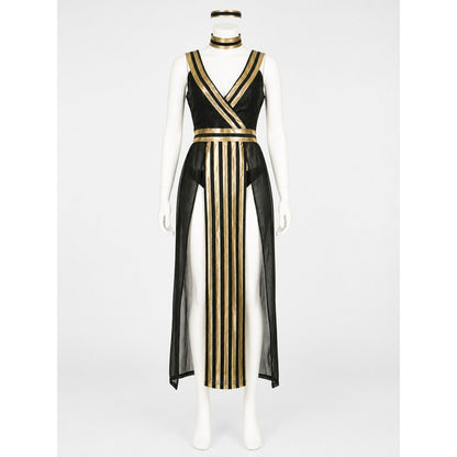 Egyptian Queen Black and Gold Halloween Dress Costume Set with Headpiece, Collar on-model view