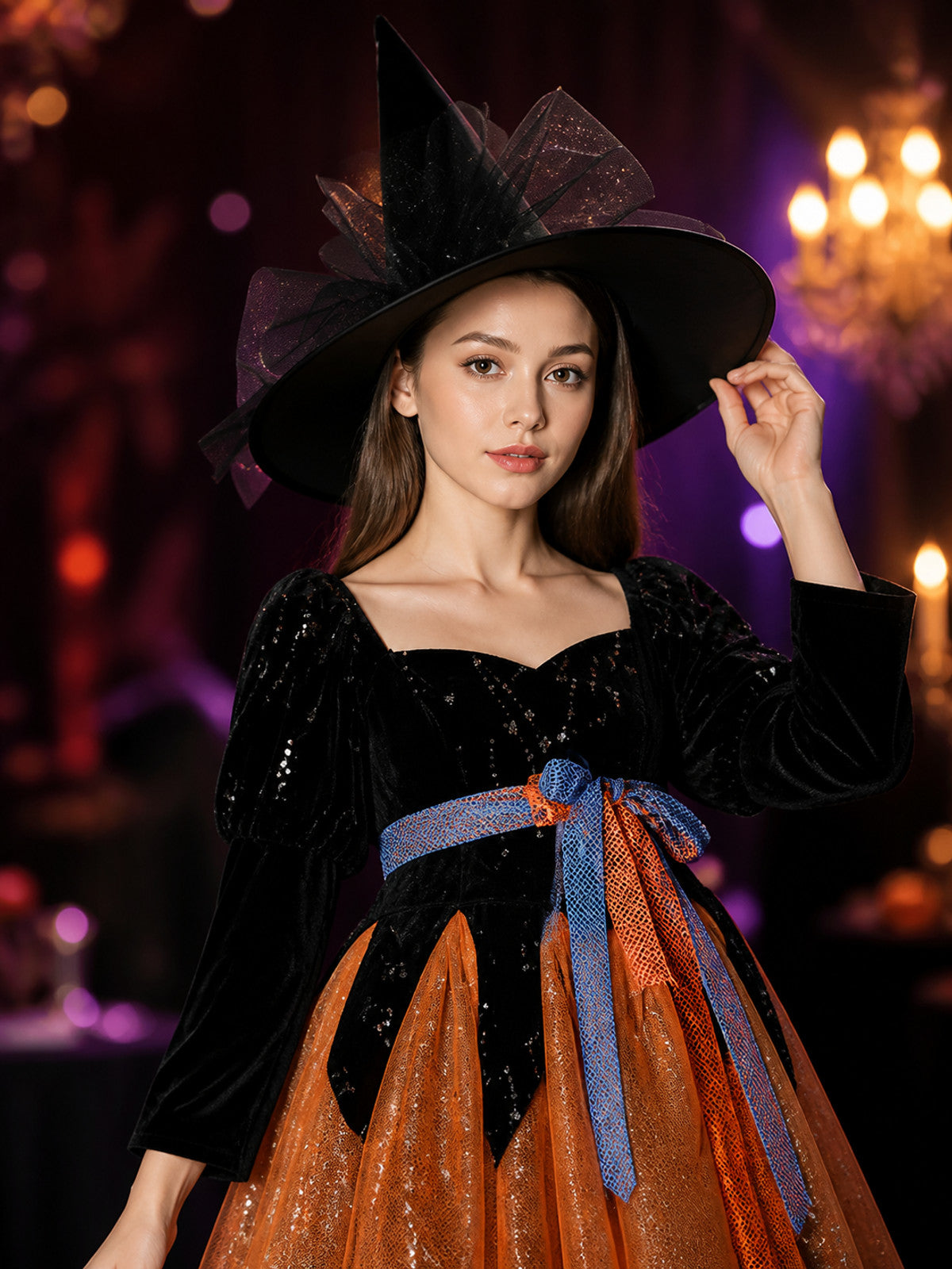 Witch Halloween Costume Set - Glitter Tulle Dress, Bow Belt & Pointed Hat on-model view