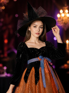 Witch Halloween Costume Set - Glitter Tulle Dress, Bow Belt & Pointed Hat