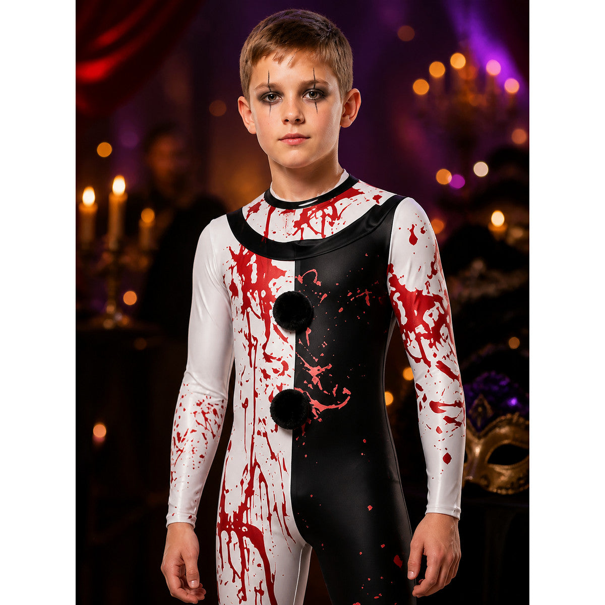 Scary Clown Costume with Mask and Blood Splashes on-model view