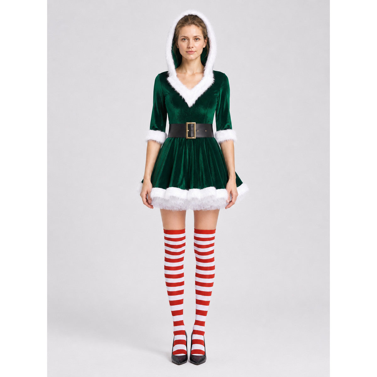 Green Santa Christmas Dress with White Fur on-model view