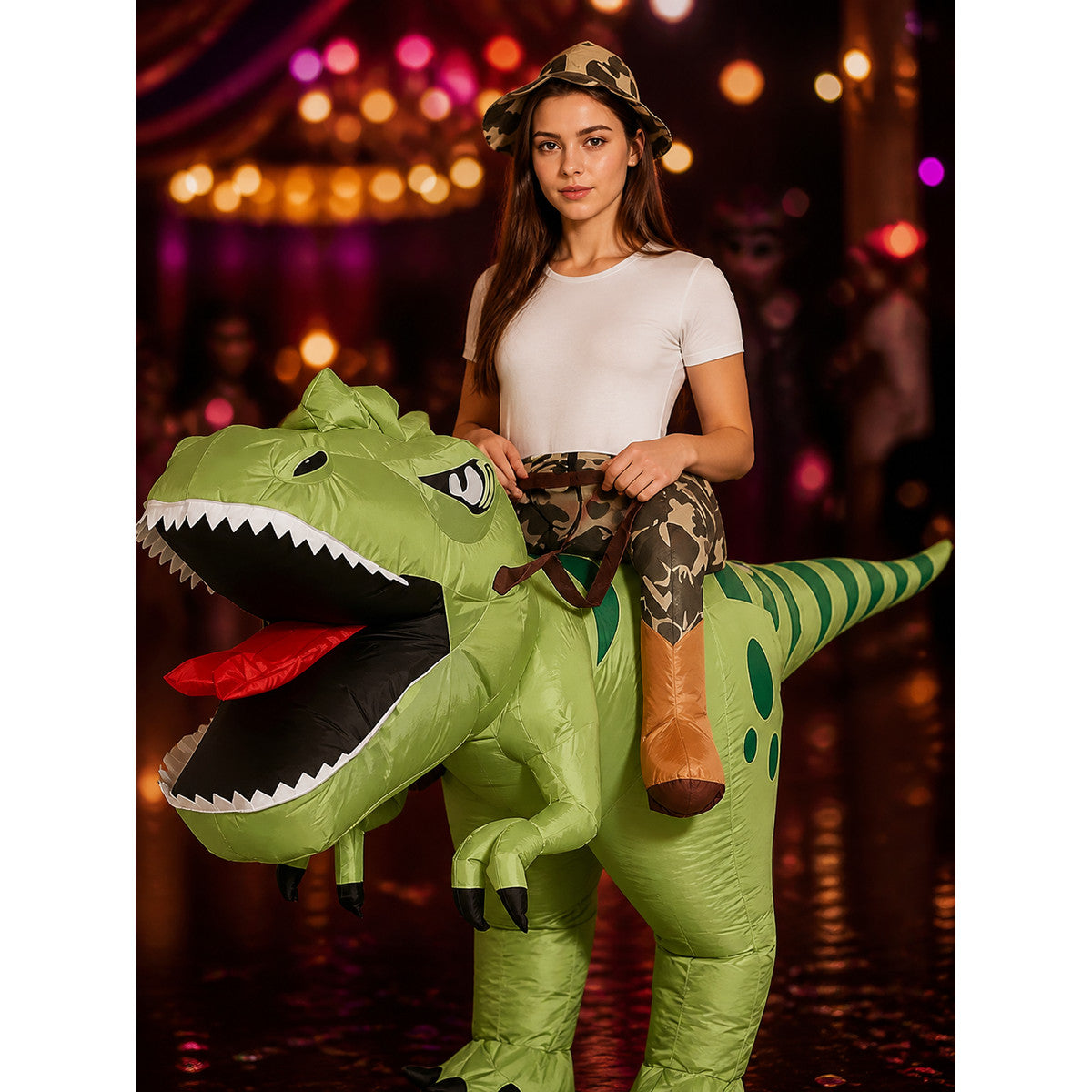 Green Dinosaur Inflatable Costume with Tail and Spots, Halloween Party Outfit on-model view