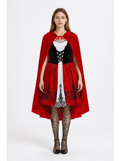 Red Dress with Hooded Cape and Floral Pattern main product view