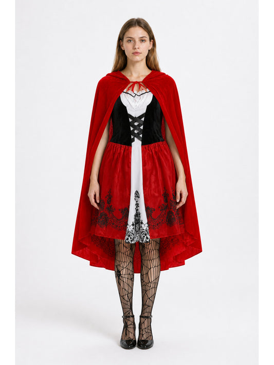Red Dress with Hooded Cape and Floral Pattern main product view