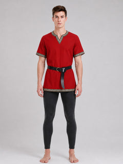 Red Tunic with Belt and Medieval-Style Trim