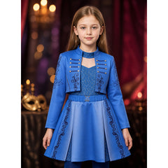 Girls' Blue Princess Costume Set with Sequined Vest, Jacket with Silver Trim