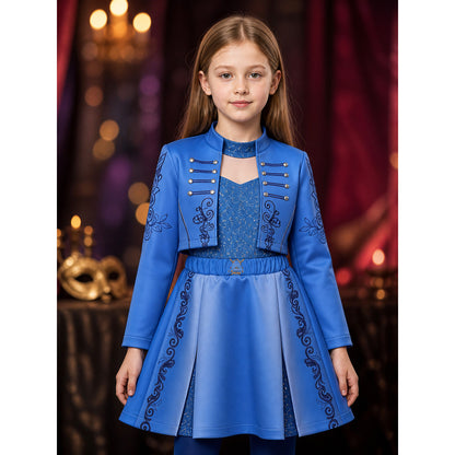 Girls' Blue Princess Costume Set with Sequined Vest, Jacket with Silver Trim on-model view