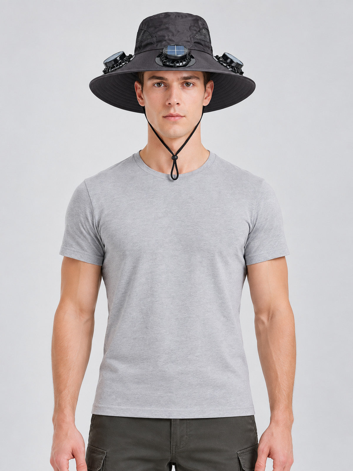 Dark Gray Wide-Brim Panama Hat with Fans on-model view