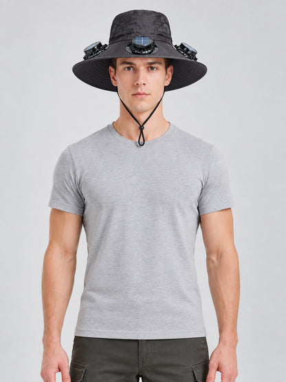 Dark Gray Wide-Brim Panama Hat with Fans on-model view