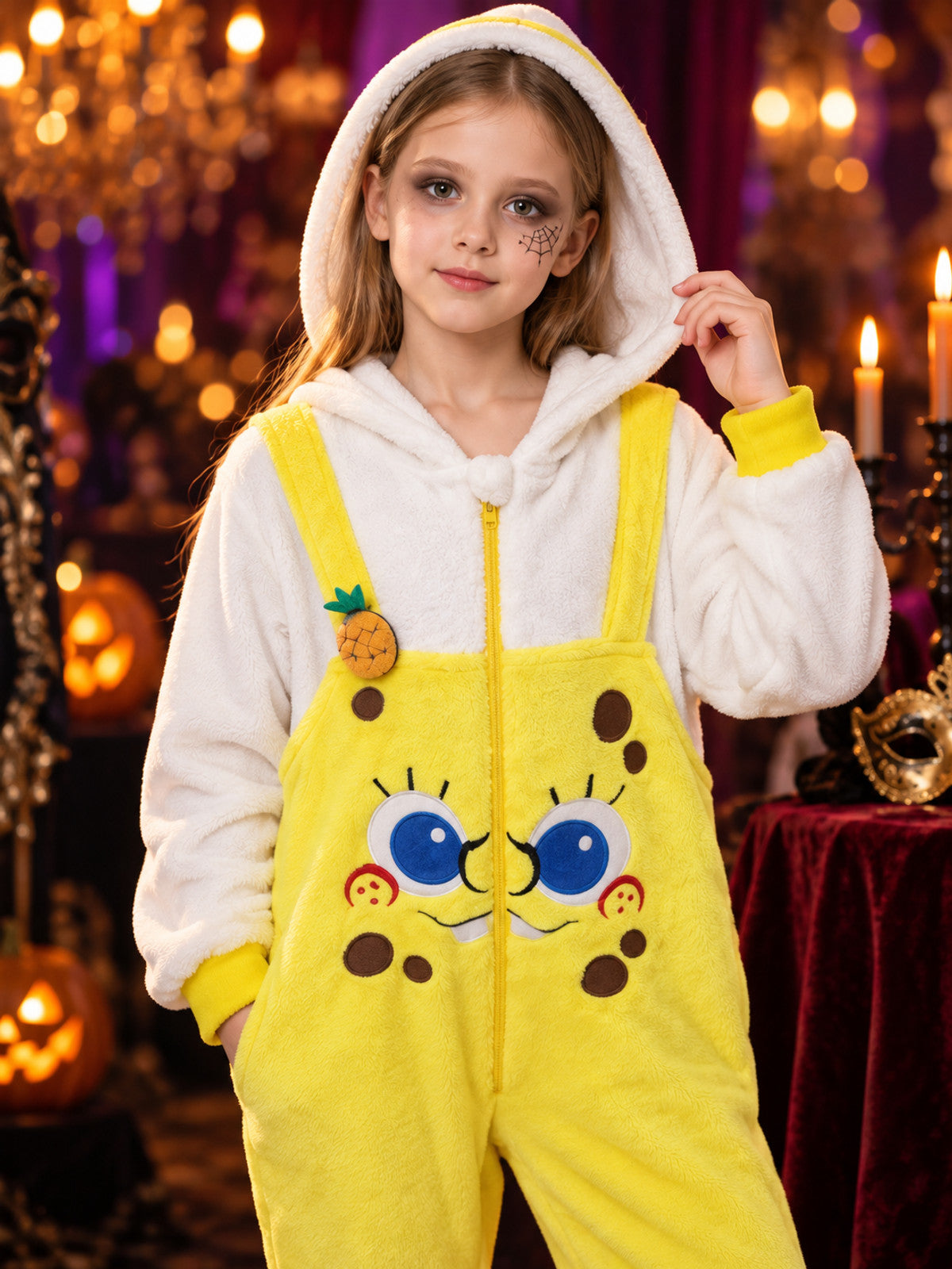 Plush Cartoon Hooded Zip-Up Pajama Jumpsuit