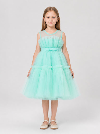 Mint Green Girls' Dress with Full Skirt and Bow on-model view