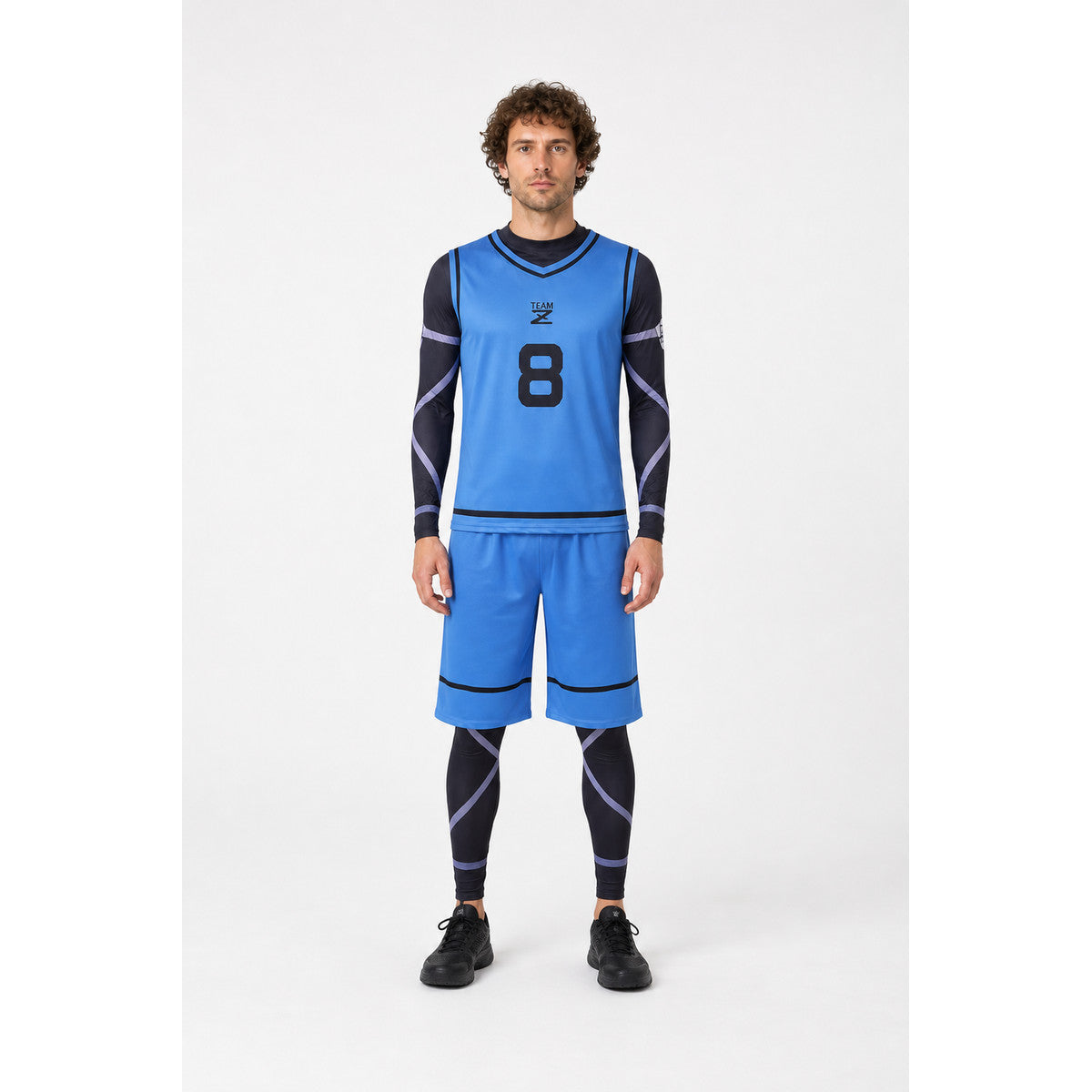 Blue Lock cosplay costume, blue, with number 8 and stripes main product view