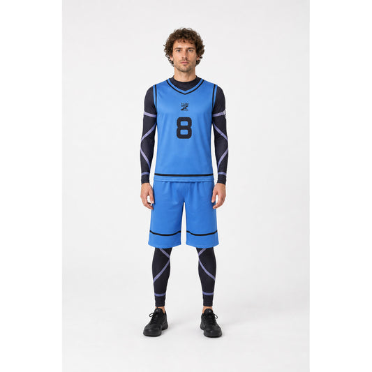 Blue Lock cosplay costume, blue, with number 8 and stripes main product view
