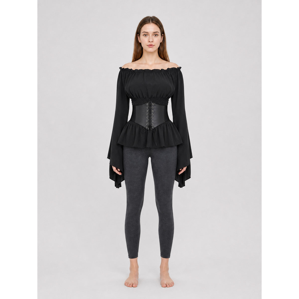 Black Gothic Peplum Top with Lace-Up Belt