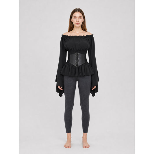 Black Gothic Peplum Top with Lace-Up Belt
