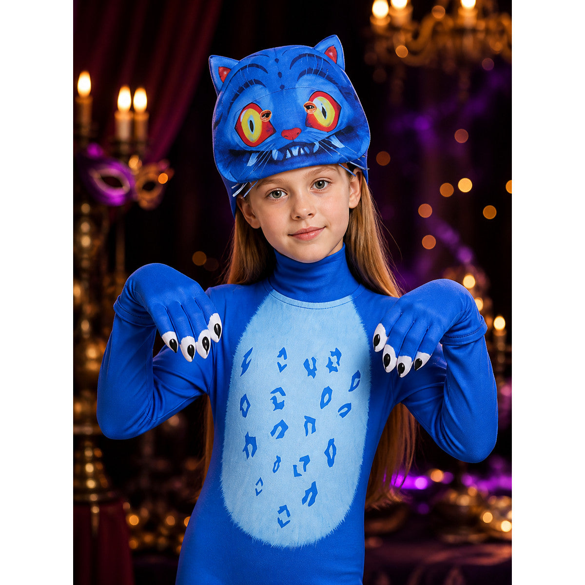 Tiger Animal Costume Set with Headpiece and Gloves - Blue/Black Full Body Onesie on-model view