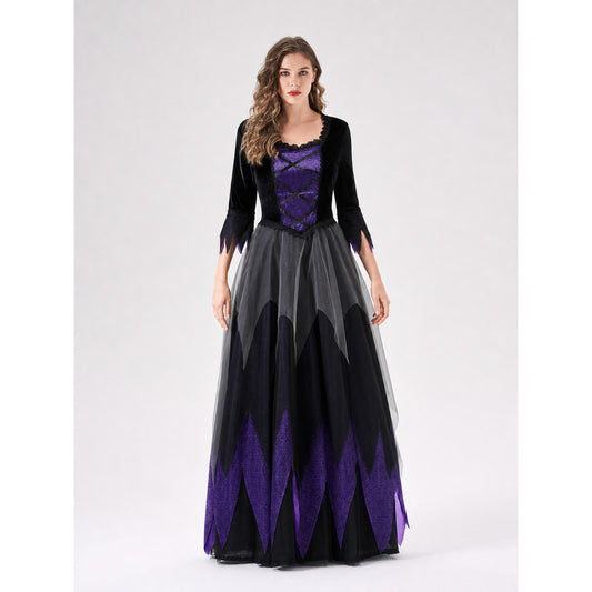Cosplay Costume: Black and Purple Dress and Hat front view