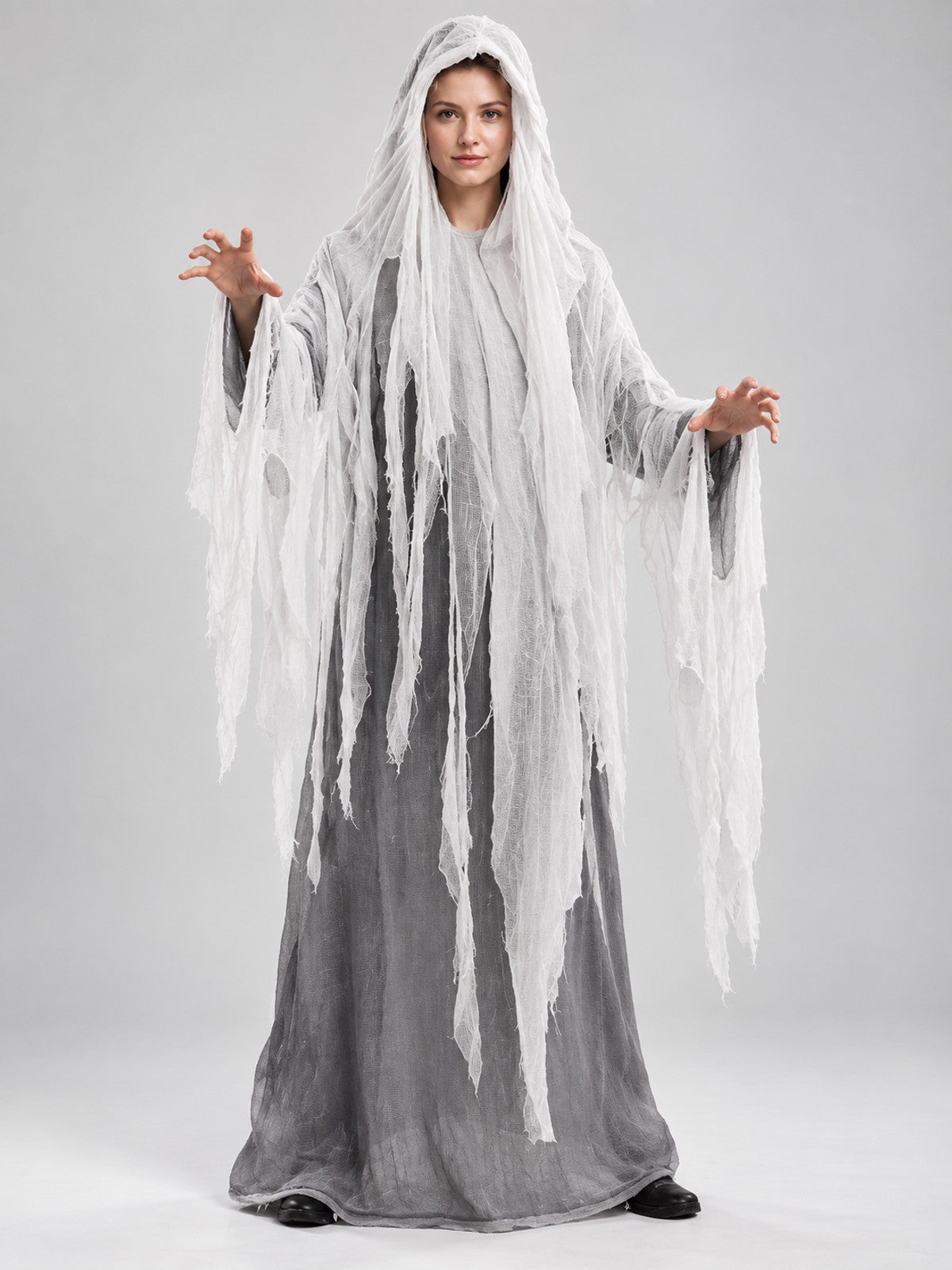 Hooded Ghost Costume with Torn Strips on-model view
