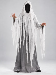 Adult Faceless Ghost Costume – Gray & White Hooded Robe with Torn Gauze Strips and Black Gloves
