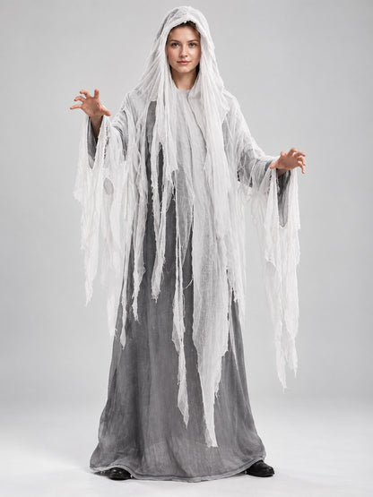Hooded Ghost Costume with Torn Strips on-model view